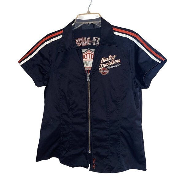 Harley Davidson Womens Shirt Size Large Black Zip Front Collared Casual - Picture 1 of 8